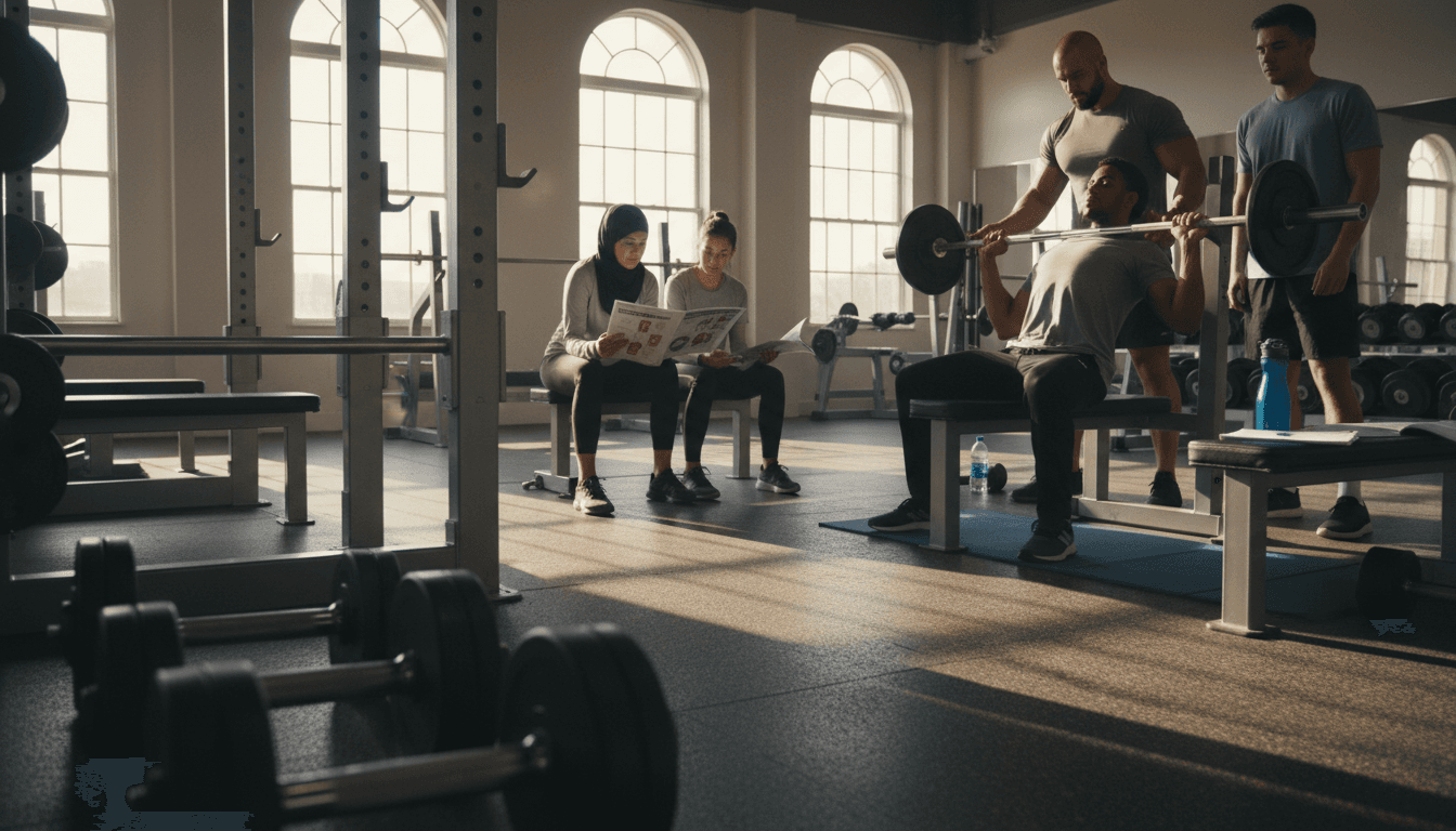 Estudiantes de la escuela de entrenadores practicando en una sala de musculación con materiales de estudio