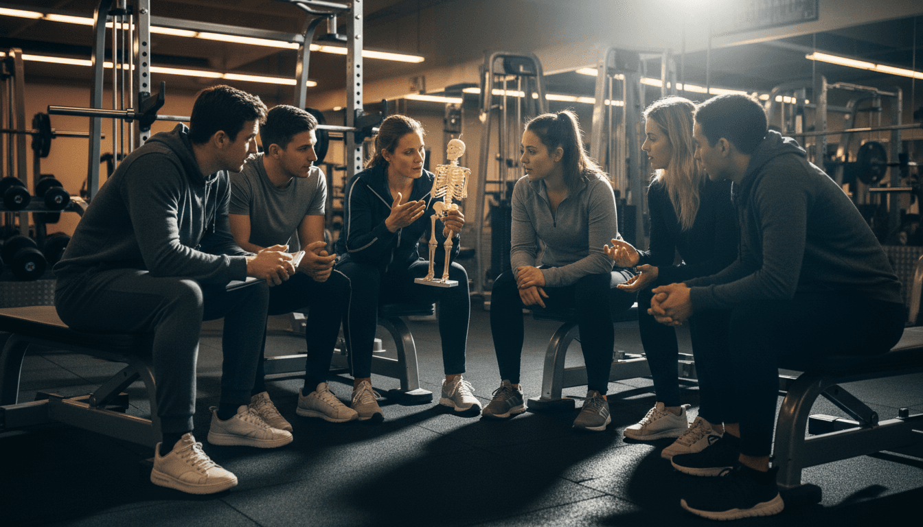 Grupo de alumnos en círculo con instructor explicando anatomía usando un esqueleto en sala de musculación