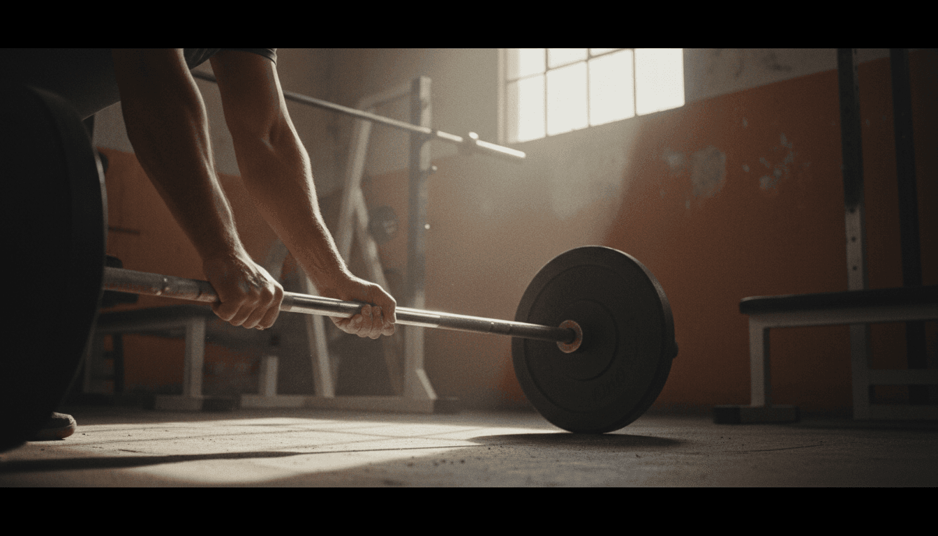 Entrenador ajustando una barra de pesas en un gimnasio con luz natural