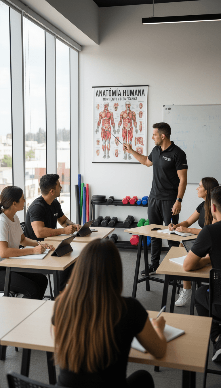 Instructor explaining anatomical poster to students at a gym training center.