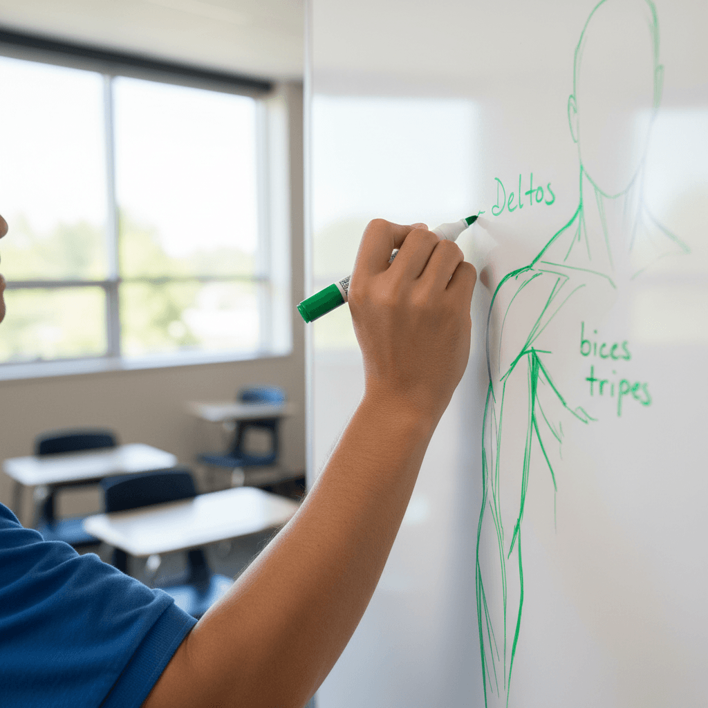 Docente dibujando anatomía humana en pizarra