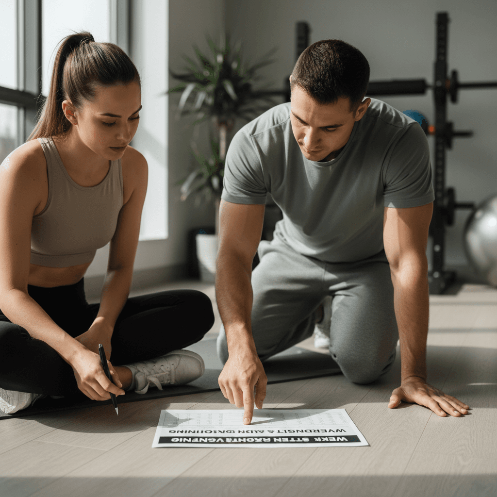 Intimate documentary aesthetic medium shot of a trainer kneeling beside a seated client