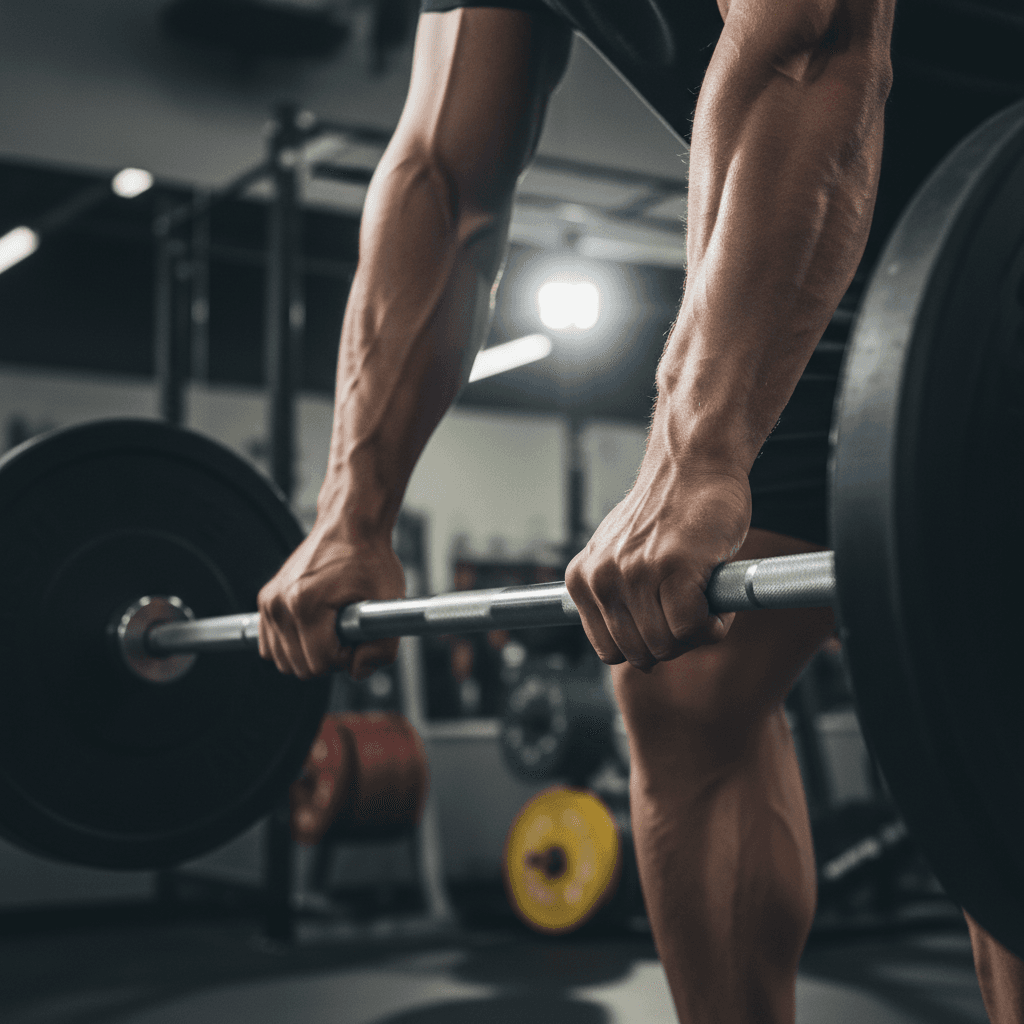Close-up of athlete's muscular hands gripping loaded barbell during intense deadlift with dramatic gym lighting