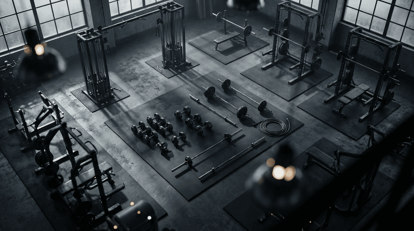 Entrenador ajustando el rack de sentadillas en un gimnasio con luz natural y ambiente de trabajo real