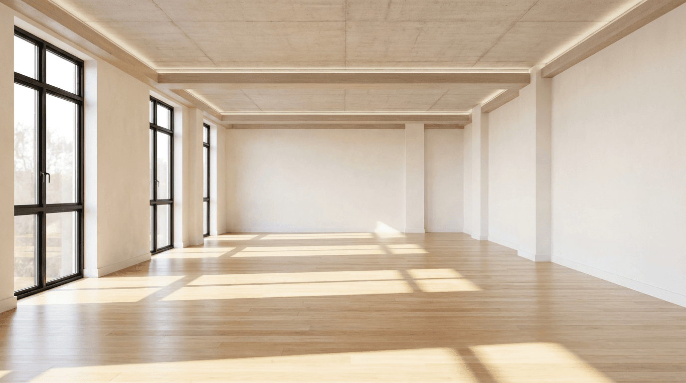 Salón de entrenamiento vacío con equipamiento y pizarra con diagramas anatómicos