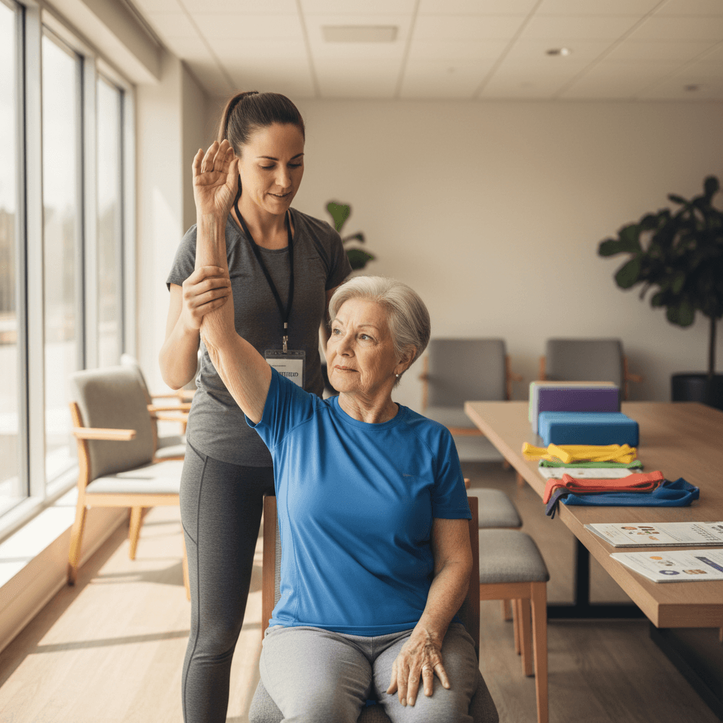 Movement specialist guiding senior adult through seated stretch exercise in bright, welcoming community room with natural light